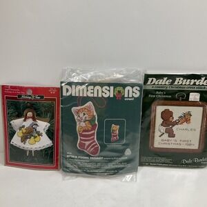 Lot of vintage needlework Christmas ornaments Kits X 3 kitten, angel, bear‎